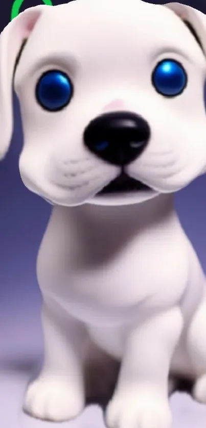 Adorable white cartoon puppy with blue eyes on a mobile wallpaper.