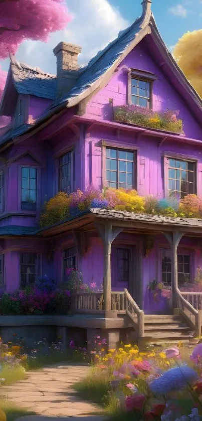 Whimsical purple house with colorful flowers and dreamy landscape.