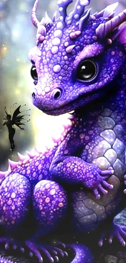 Charming purple dragon with fairy in a fantasy setting.