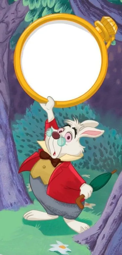 Cute cartoon rabbit holding a clock in a whimsical forest setting.