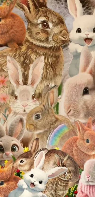 Cute rabbit collage wallpaper with brown and white bunnies.