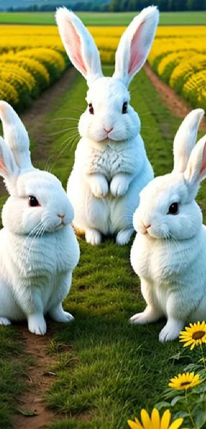 Three white rabbits in a yellow flower field.