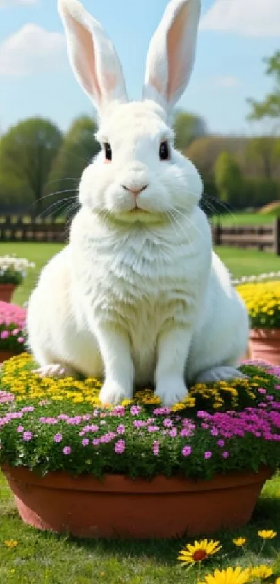 Fluffy white rabbit seated on a vibrant flower pot in a sunny garden.