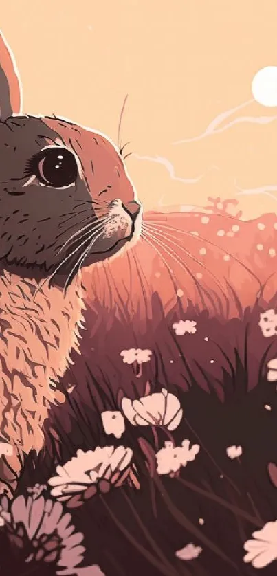 Whimsical illustration of a rabbit in a flower-filled sunset field.