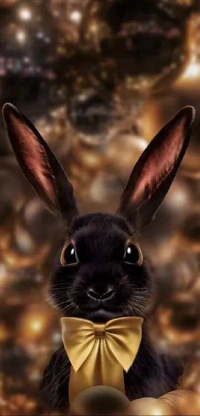 Charming rabbit with golden bowtie on sparkly background.