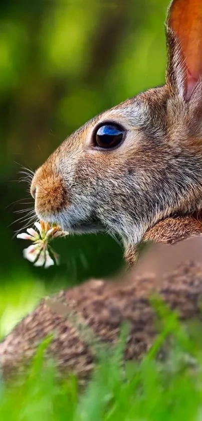 A cute brown rabbit nibbling clover in a vibrant green meadow.