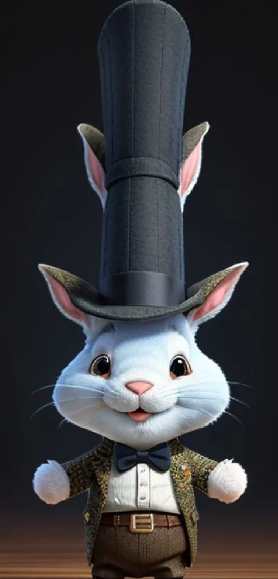 Whimsical white rabbit in a tall tophat, standing on a wooden floor.