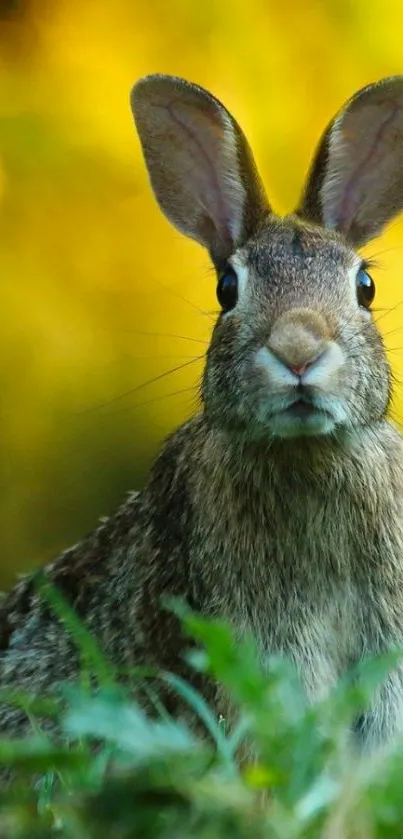 Charming rabbit stands in green field with a blurred nature background.