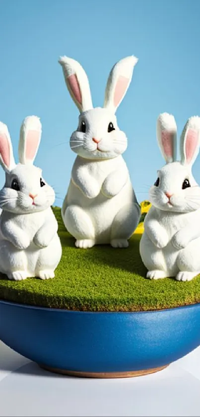 Three cute white rabbits on green grass bowl with yellow flowers.