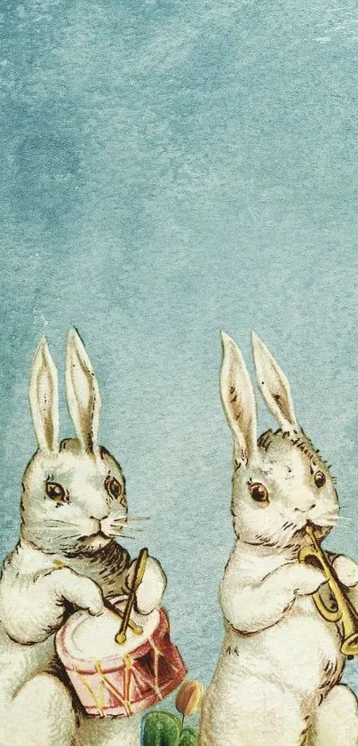 Whimsical rabbits playing music on artful blue wallpaper.