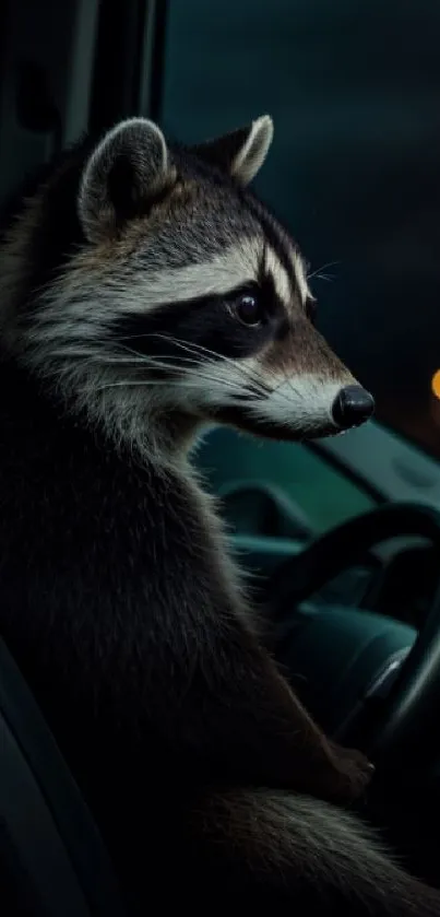 Curious raccoon sitting in a car at night with a dark, moody atmosphere.