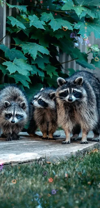 Family of raccoons in lush green setting wallpaper.