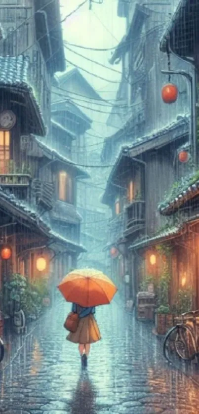 A person with an umbrella walks in a rainy lantern-lit alley.