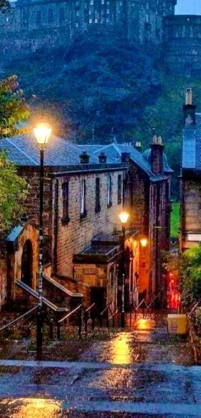 Rainy alley with glowing streetlights and vintage buildings.