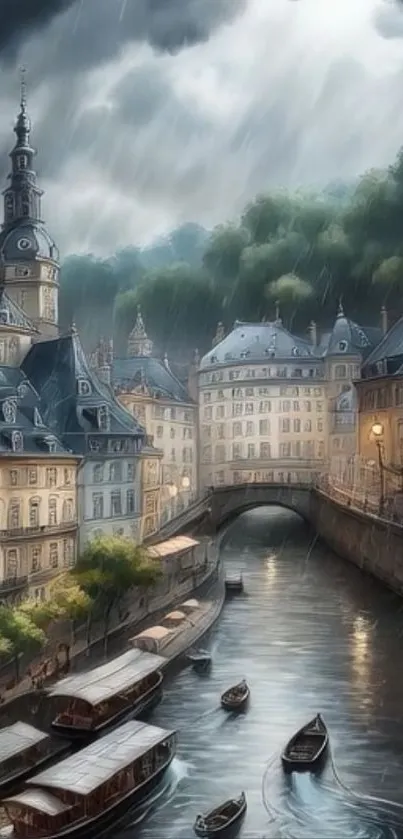 Moody European cityscape with rain and canal.