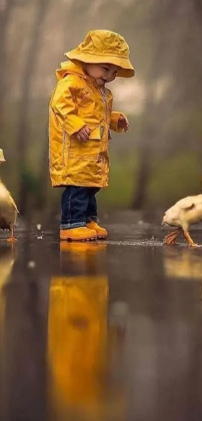 Child in yellow raincoat with ducks on a rainy day.