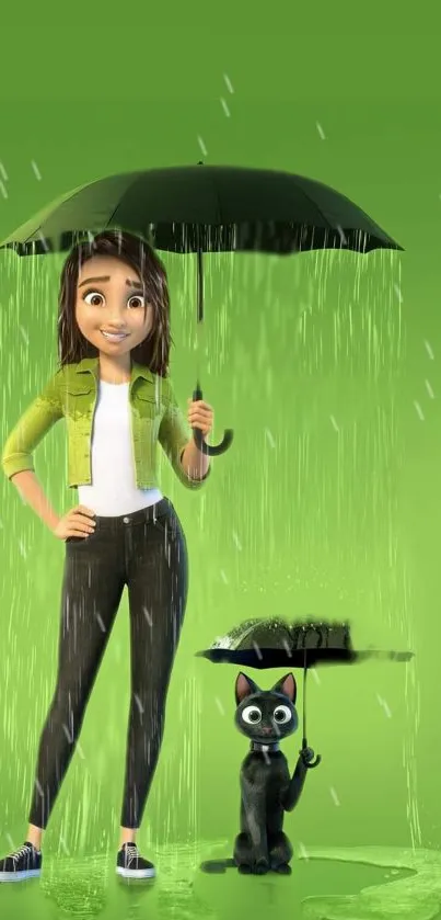 Animated girl and cat under umbrellas in vibrant green rain.