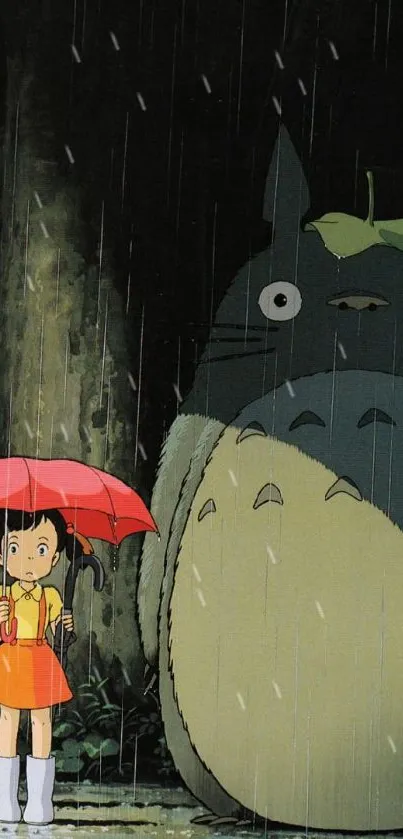 Girl with umbrella standing beside a large creature in the rain.