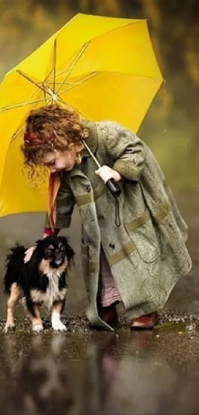 Child and dog under yellow umbrella in rainy scene.