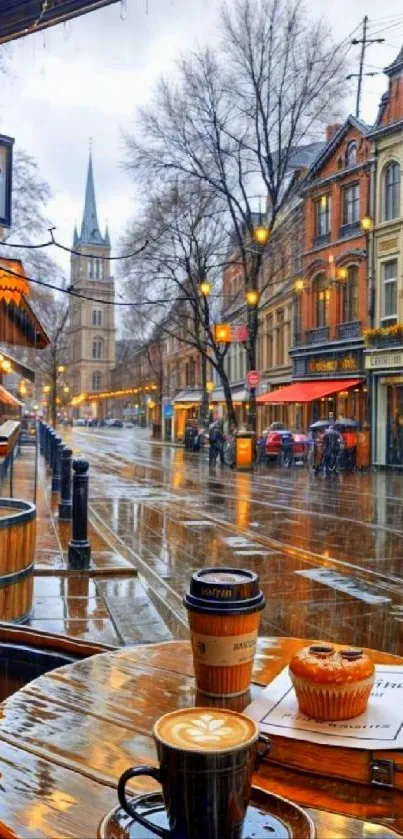 Cozy cafe view with rain-soaked street and historic buildings.