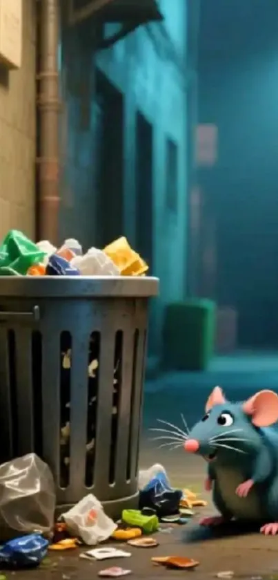 Whimsical cartoon rat near a garbage bin in an alley.