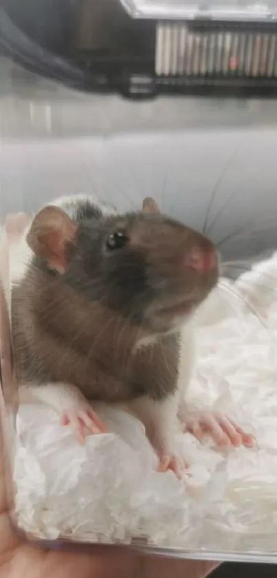 Charming rat in a cage with cozy bedding, perfect phone wallpaper.