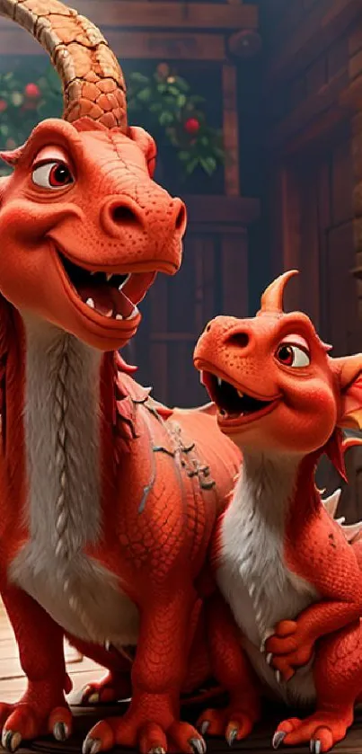 Charming red dragons in a cozy room setting.