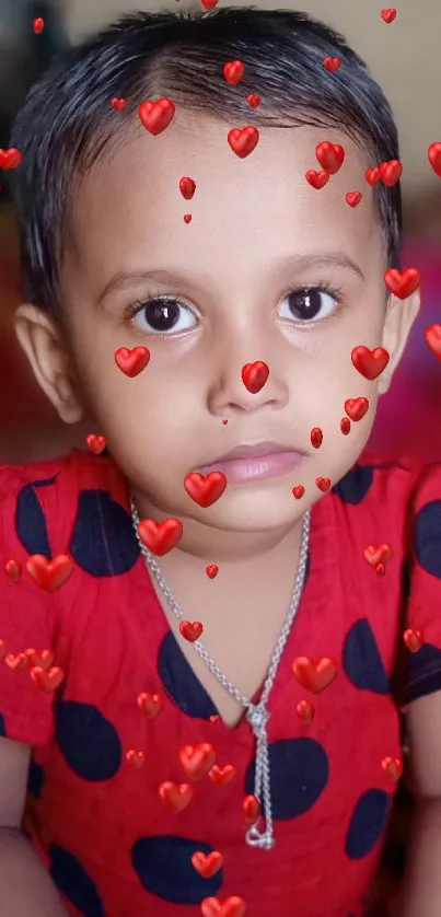 Child in bright red polka dot dress portrait.