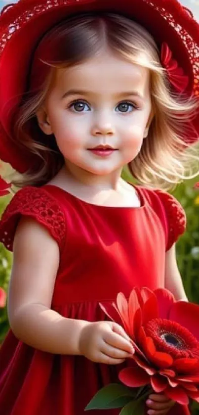 Cute girl in a red dress holding a red flower in blooming field.