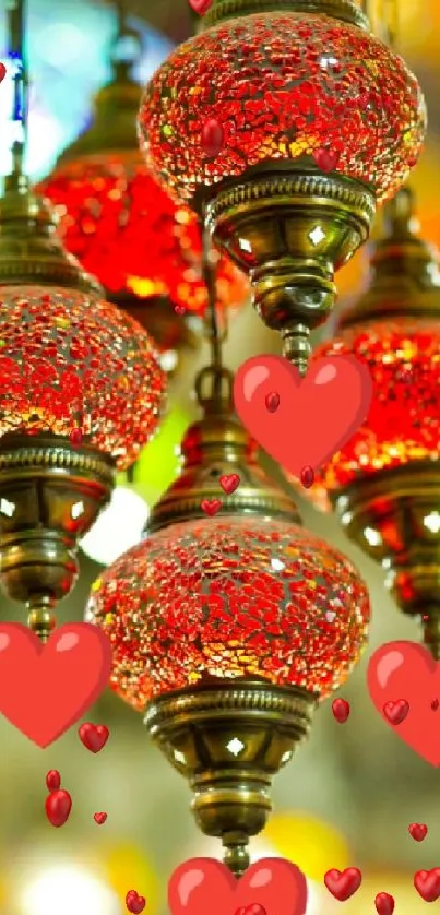 Vibrant red Moroccan lanterns with heart designs create a romantic look.