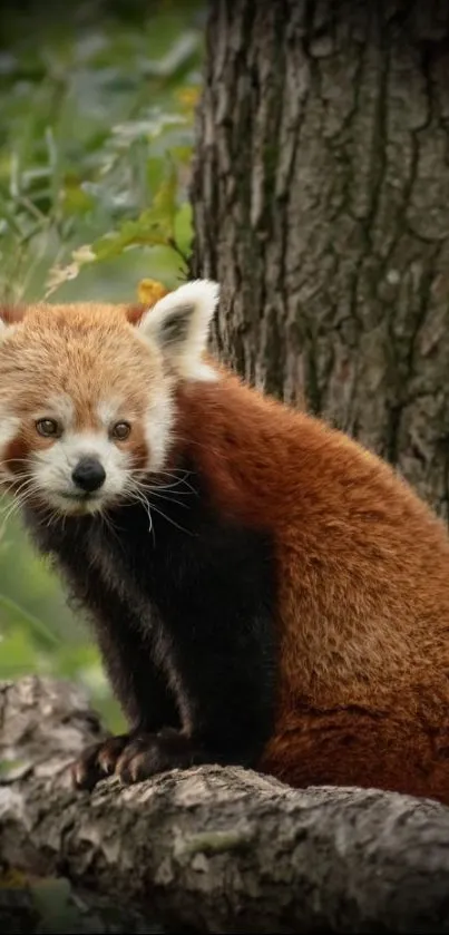 Red panda sitting by a tree with a lush green background.