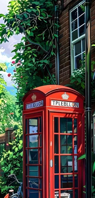 Red phone booth amid lush green vines.