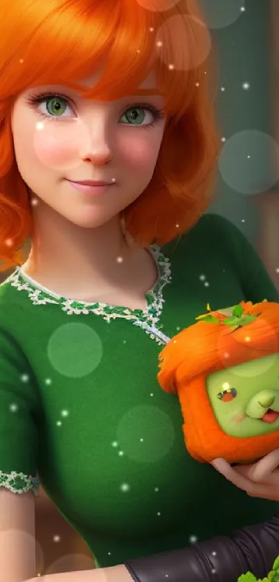 Redheaded animation character holding a cute plant pot.