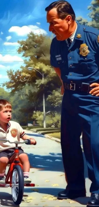 Retro police and child on suburban street wallpaper.