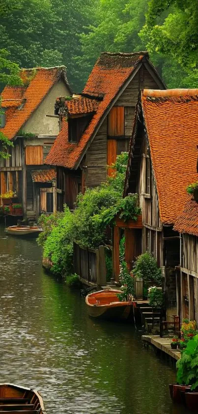 Rustic riverside village with charming homes and lush greenery.