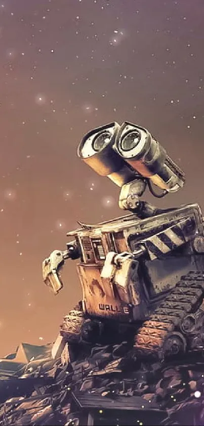 Wall-E robot gazing at starry night sky on a brown-toned mobile wallpaper.