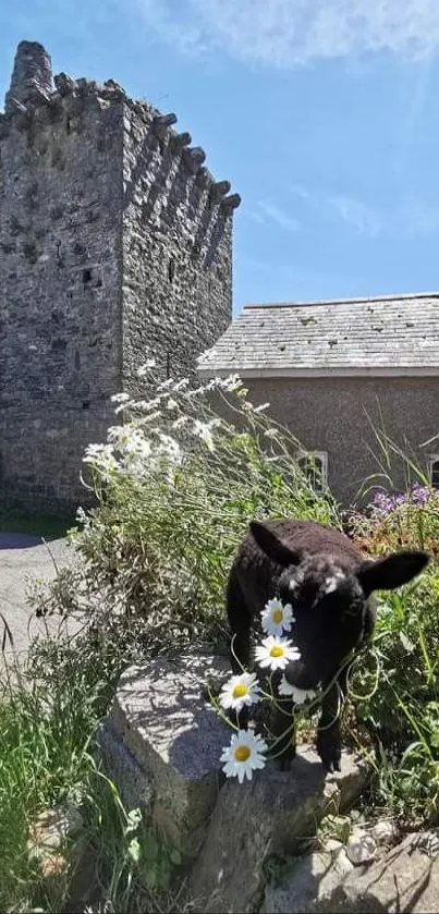 Charming rural view with stone tower and wildflowers under a blue sky.