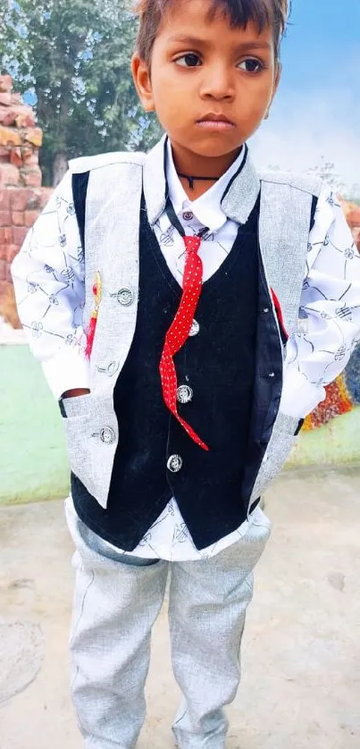 Young boy in stylish outfit with rustic brick backdrop.