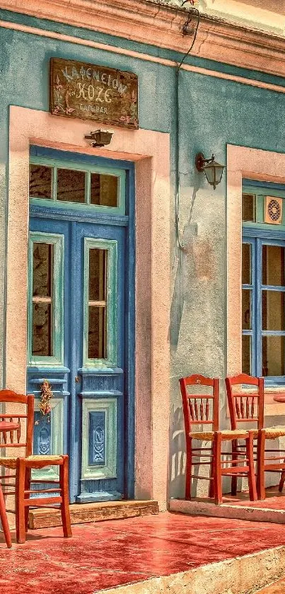 Charming rustic cafe exterior with blue doors and wooden chairs.