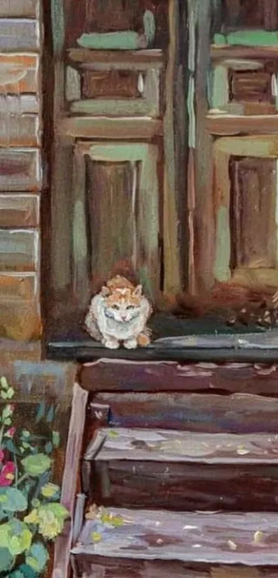 Painted rustic scene with cat on wooden porch.