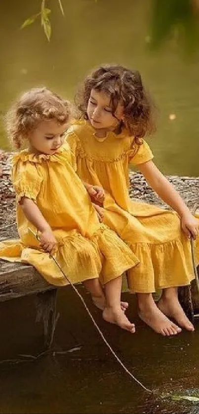 Children in yellow dresses on a dock by a serene pond.