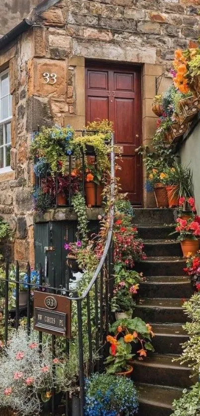 Rustic cottage entrance with vibrant flowers and stone steps.