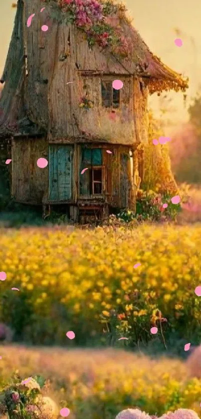 Charming rustic cottage surrounded by blooming flowers in a peaceful meadow.