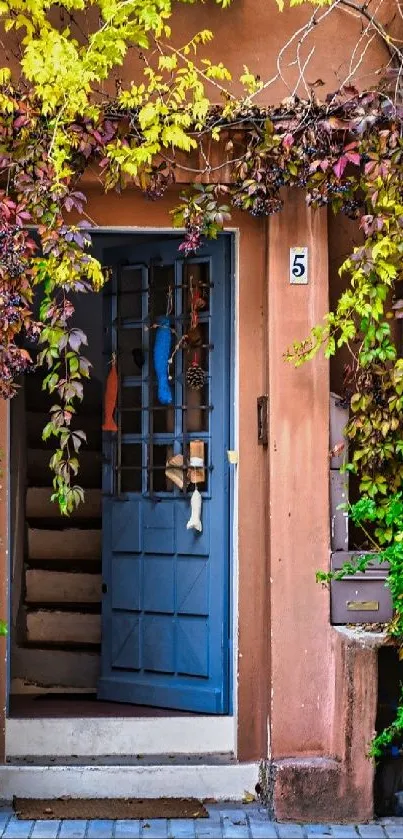 Rustic doorway with colorful foliage, perfect for mobile wallpaper.