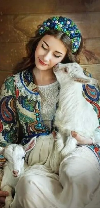 Rustic girl sitting with lambs, serene scene on wooden background.