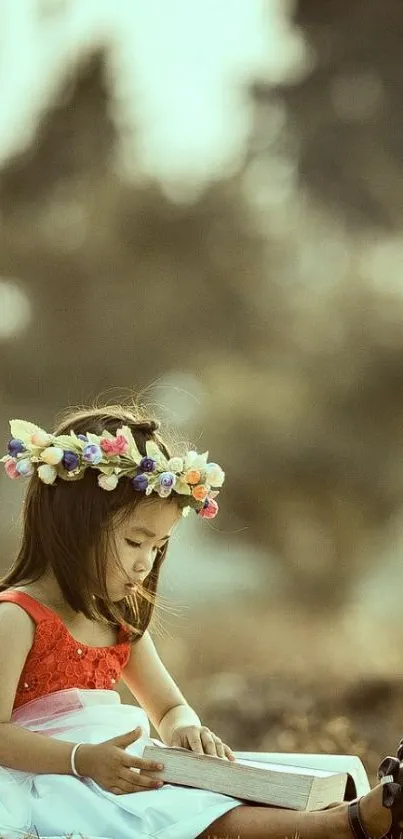 Girl wearing floral crown reading a book in nature.