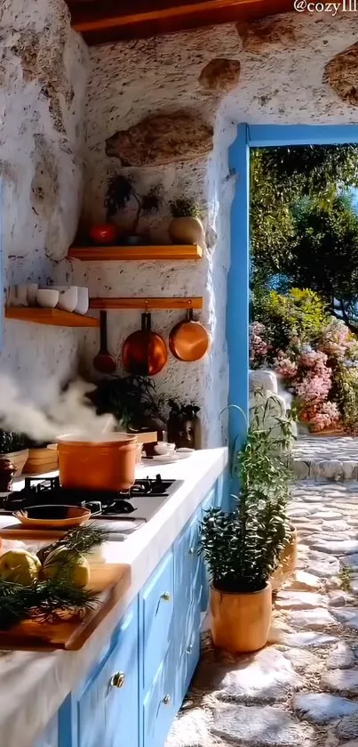 Rustic kitchen with open door to scenic garden view.