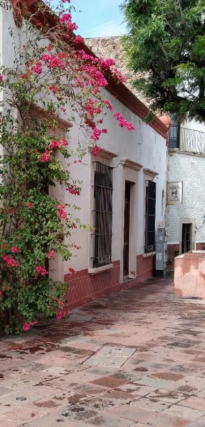 Charming rustic street with pink flowers