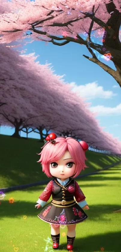 Cute animated doll under cherry trees.