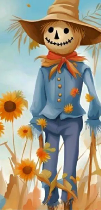 Charming scarecrow in a field with sunflowers and blue sky background.